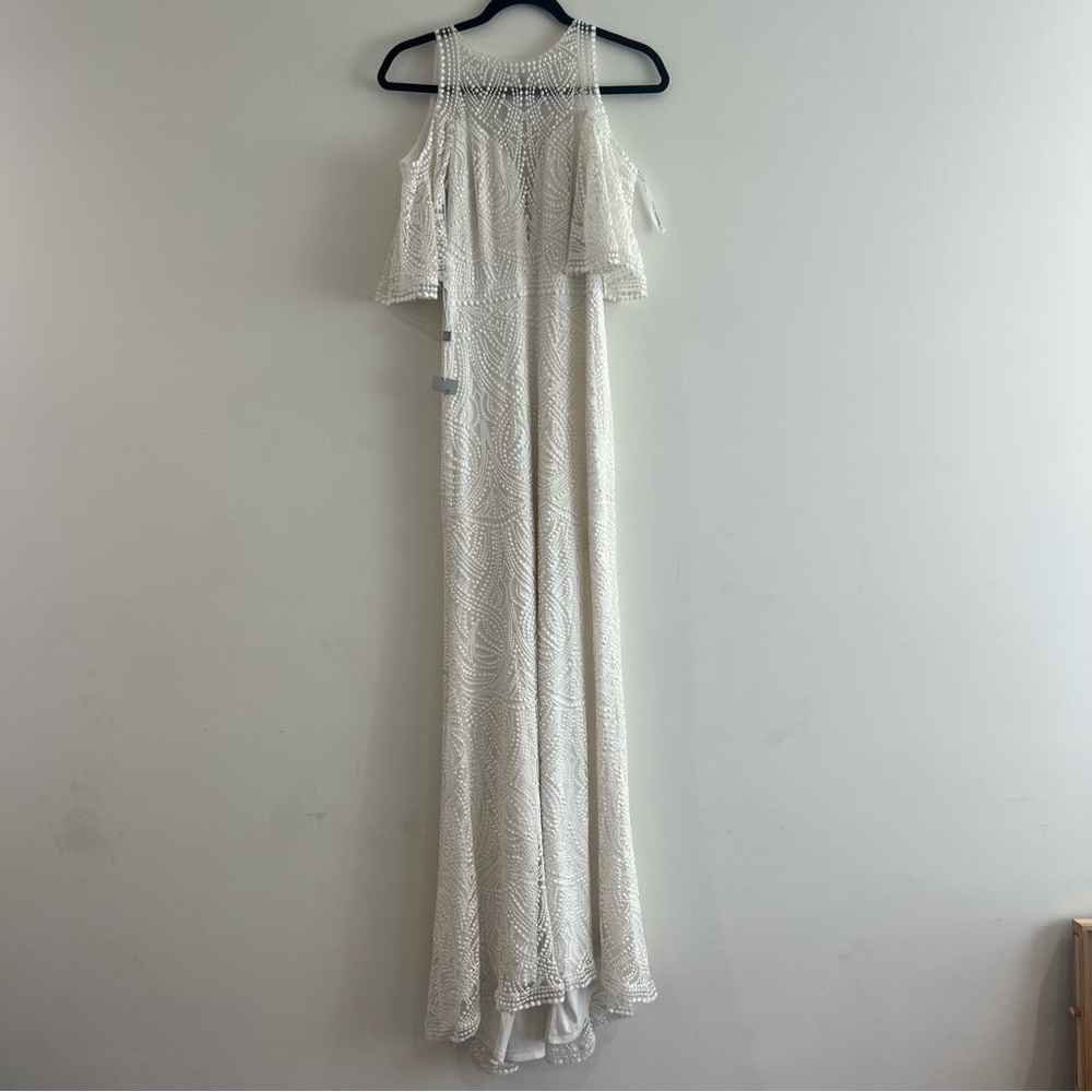TADASHI SHOJI Bridal Ivory LUZ Embroider Cold Shoulder Flutter Sleeve Gown US 0 - Picture 5 of 16